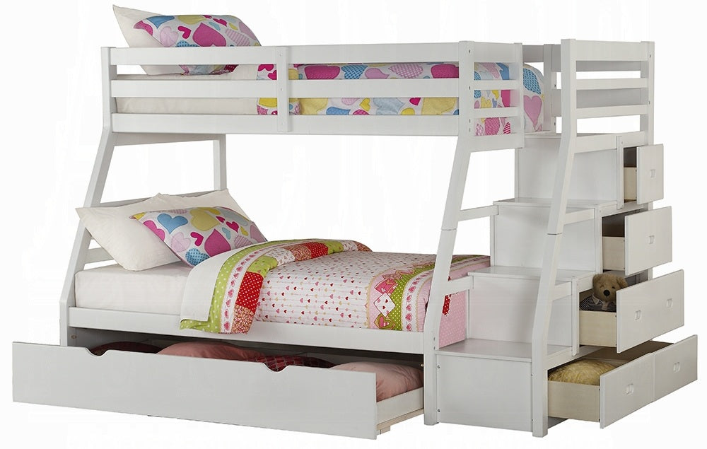 Acme 37105 Harriet bee freeport jason white finish wood twin over full bunk bed set stair case drawers with trundle