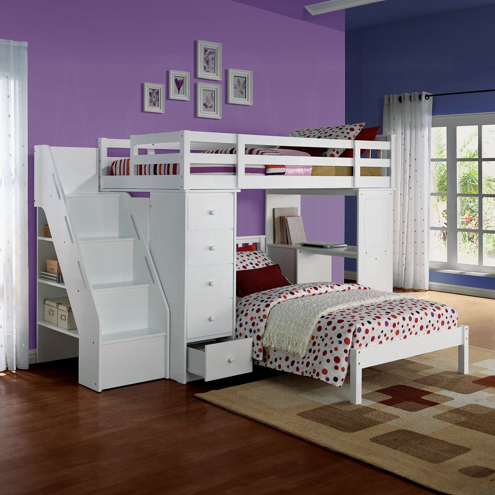 Acme 37145 Harriet bee freya white finish wood twin loft bed with staircase and drawers