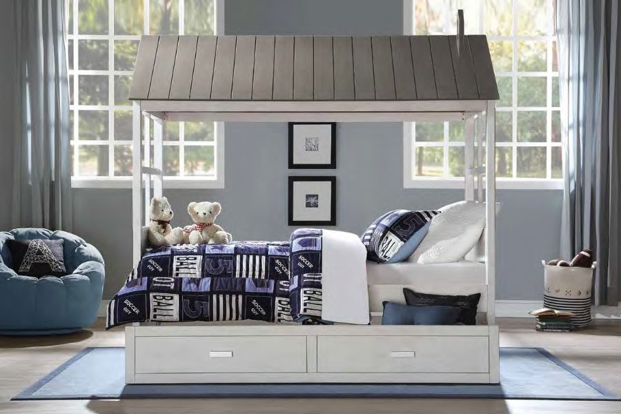 Acme 37170T Harriet bee fujii tree house cottage weathered white and grey finish wood twin covered bed