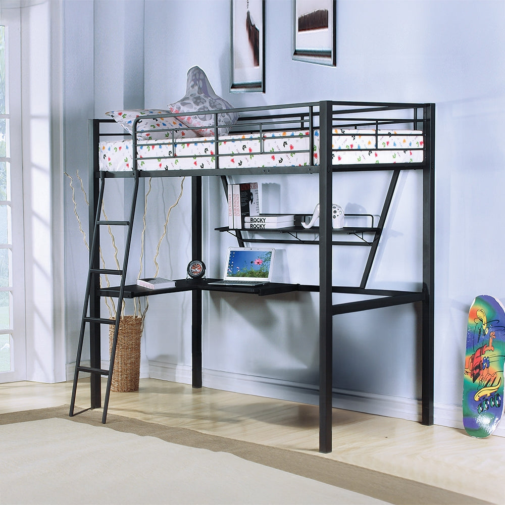Acme 37275 Senon twin loft workstation sandy black finish metal frame bunk bed with lower desk and shelf