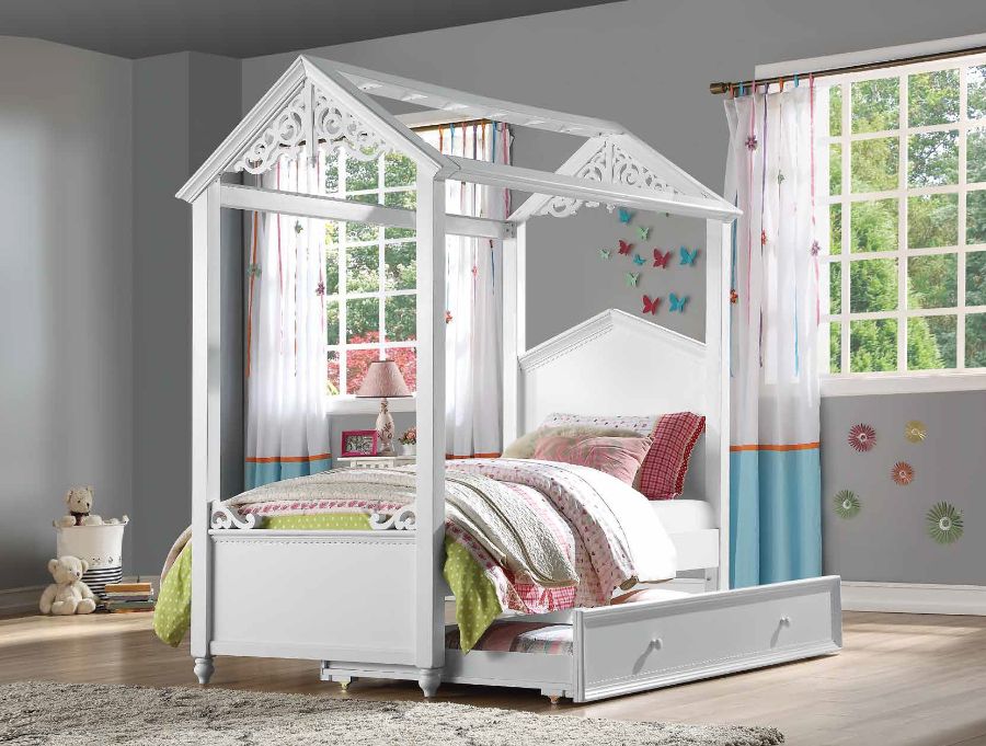 Acme 37345F Zoomie kids mila rapunzel white finish wood kids full size canopy bed scroll design accents