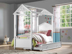 Acme 37345F Zoomie kids mila rapunzel white finish wood kids full size canopy bed scroll design accents