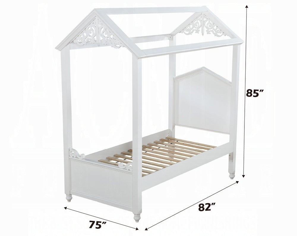 Acme 37345F Zoomie kids mila rapunzel white finish wood kids full size canopy bed scroll design accents