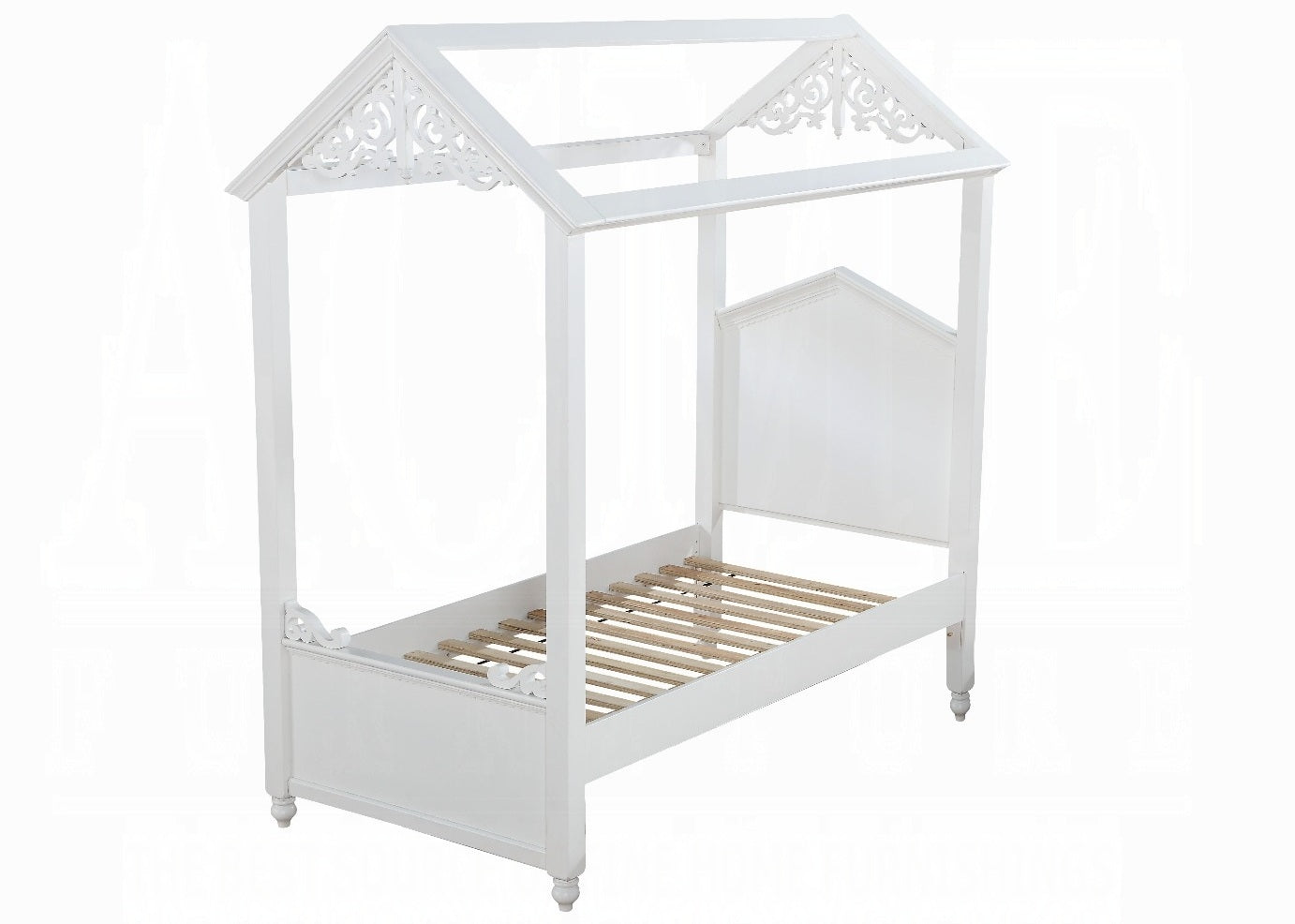 Acme 37345F Zoomie kids mila rapunzel white finish wood kids full size canopy bed scroll design accents