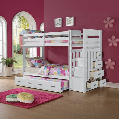 Acme 37370 Harriet bee fulda allentown white finish wood twin over twin bunk bed set storage drawer steps trundle