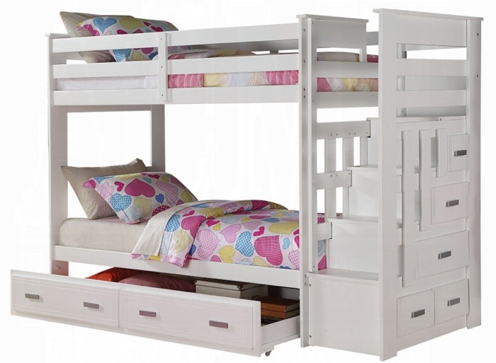Acme 37370 Harriet bee fulda allentown white finish wood twin over twin bunk bed set storage drawer steps trundle