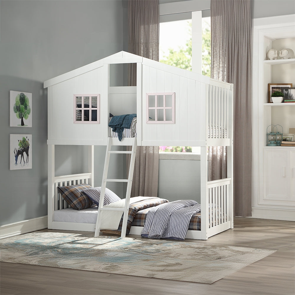 Acme 37410 Happy sisters rohan cottage white and pink finish wood playhouse style twin / twin bunk bed set Harper orchard