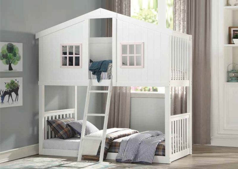 Acme 37410 Happy sisters rohan cottage white and pink finish wood playhouse style twin / twin bunk bed set Harper orchard
