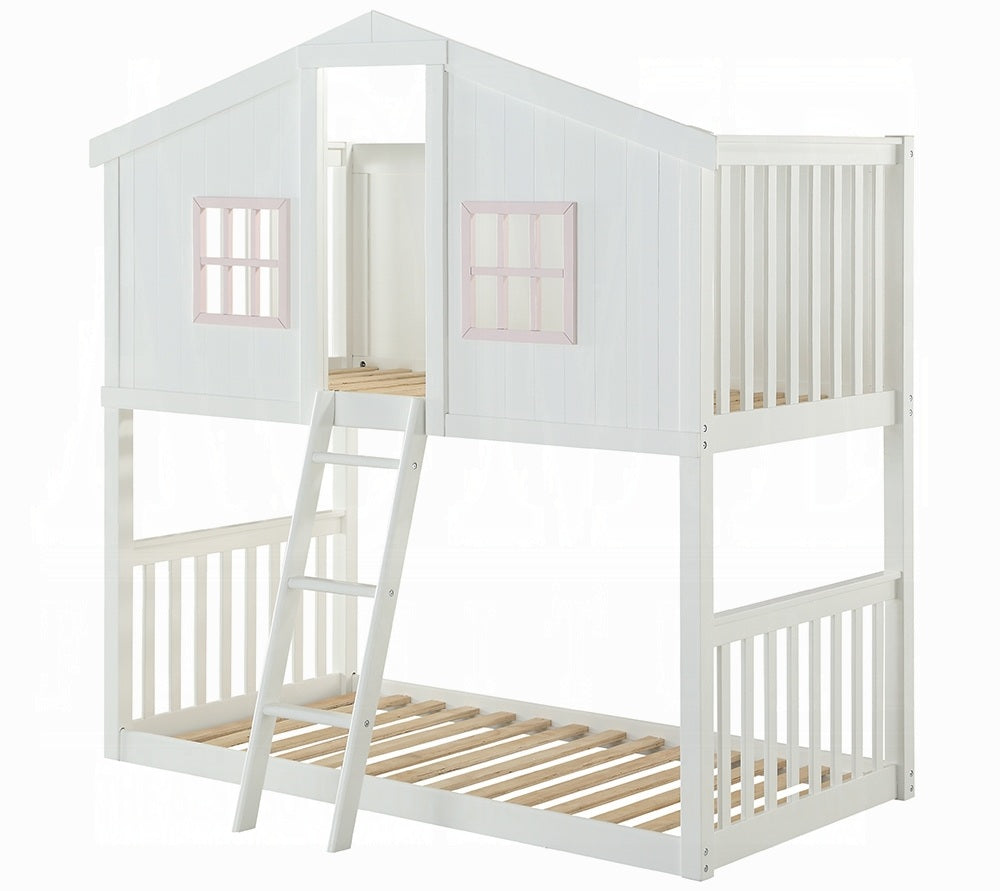 Acme 37410 Happy sisters rohan cottage white and pink finish wood playhouse style twin / twin bunk bed set Harper orchard