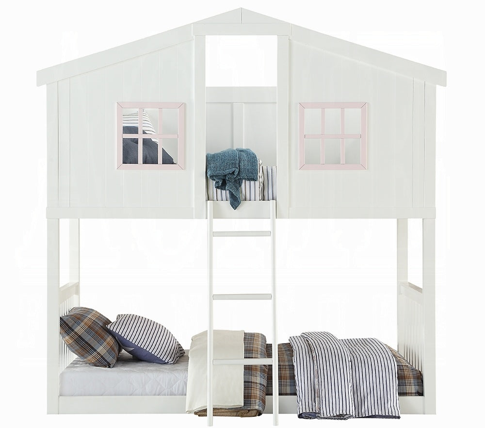 Acme 37410 Happy sisters rohan cottage white and pink finish wood playhouse style twin / twin bunk bed set Harper orchard