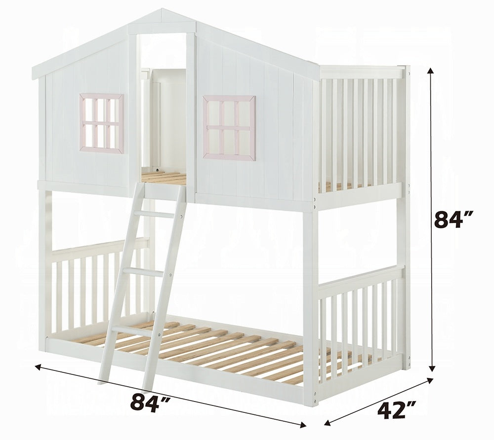 Acme 37410 Happy sisters rohan cottage white and pink finish wood playhouse style twin / twin bunk bed set Harper orchard