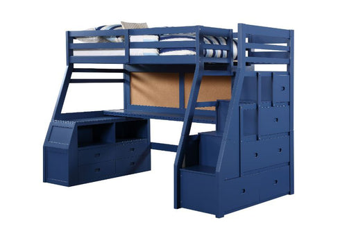Acme 37455 Zoomie kids jeremiah jason II navy blue finish wood twin size loft bed desk drawers steps