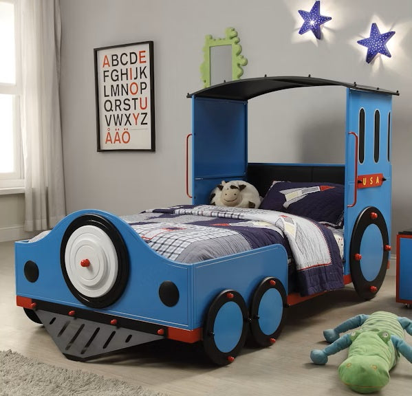 37560T Tobi blue red and black finish wood twin size train locomotive bed with canopy overhead