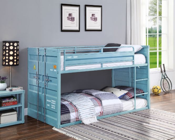 Acme 37810 Wildon home cargo container style twin over twin aqua finish metal bunk bed