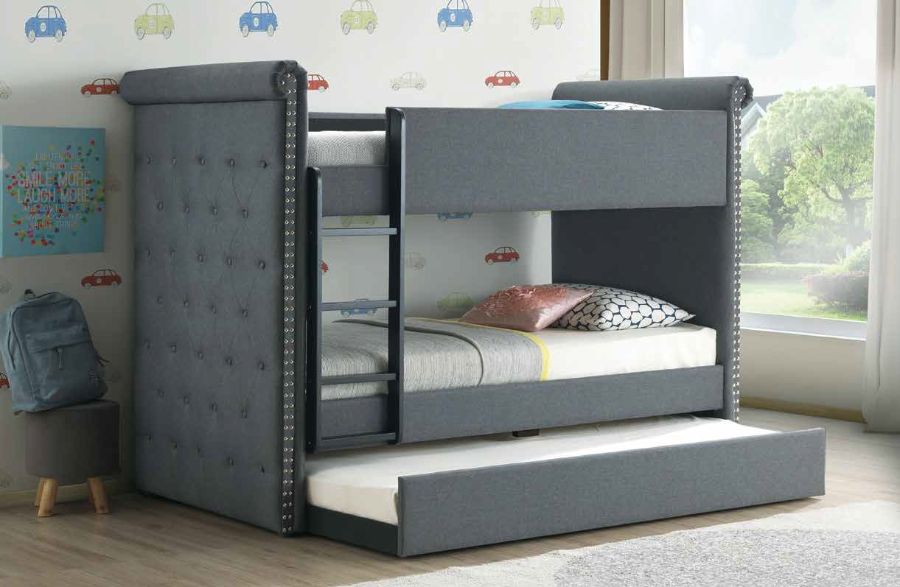 Acme 37855 Harriet bee fuchs romana II gray fabric twin over twin bunk bed with trundle