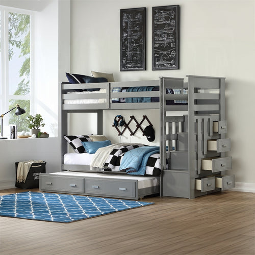 Acme 37870 Harriet beee fulda allentown gray finish wood twin over twin bunk bed set storage drawer steps trundle