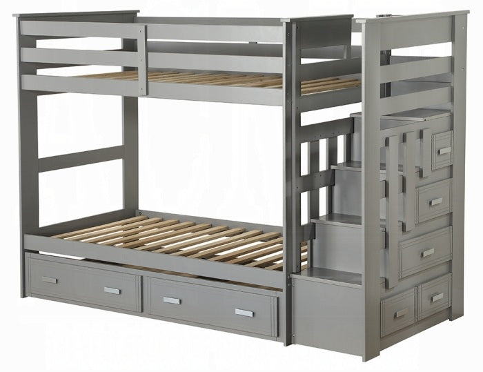 Acme 37870 Harriet beee fulda allentown gray finish wood twin over twin bunk bed set storage drawer steps trundle