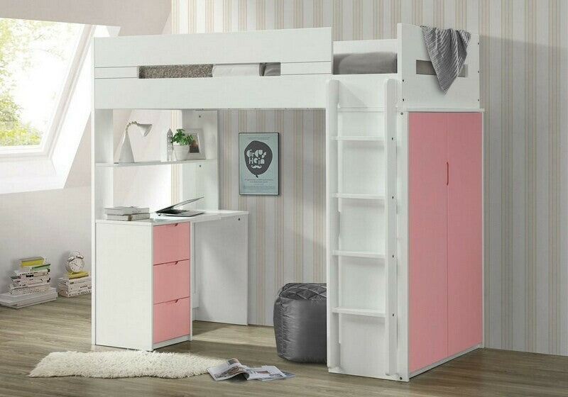 Acme 38040 Mack & Milo abinash nerice white / pink finish wood loft bunk bed set desk drawers armoire