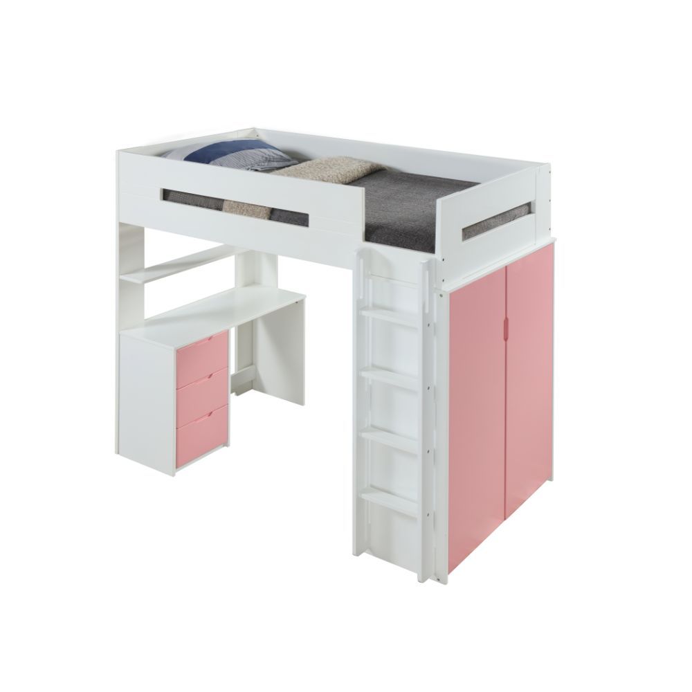 Acme 38040 Mack & Milo abinash nerice white / pink finish wood loft bunk bed set desk drawers armoire