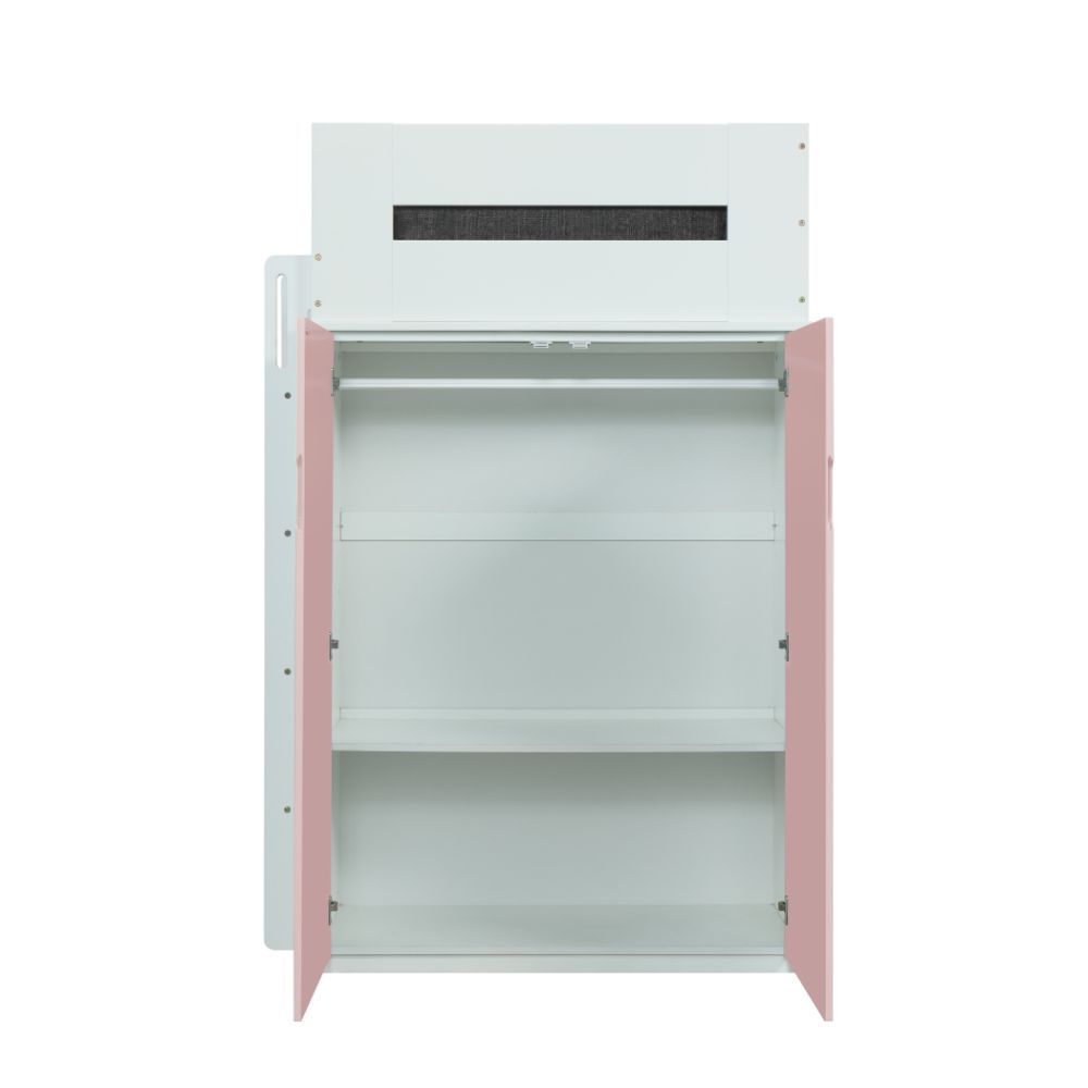 Acme 38040 Mack & Milo abinash nerice white / pink finish wood loft bunk bed set desk drawers armoire