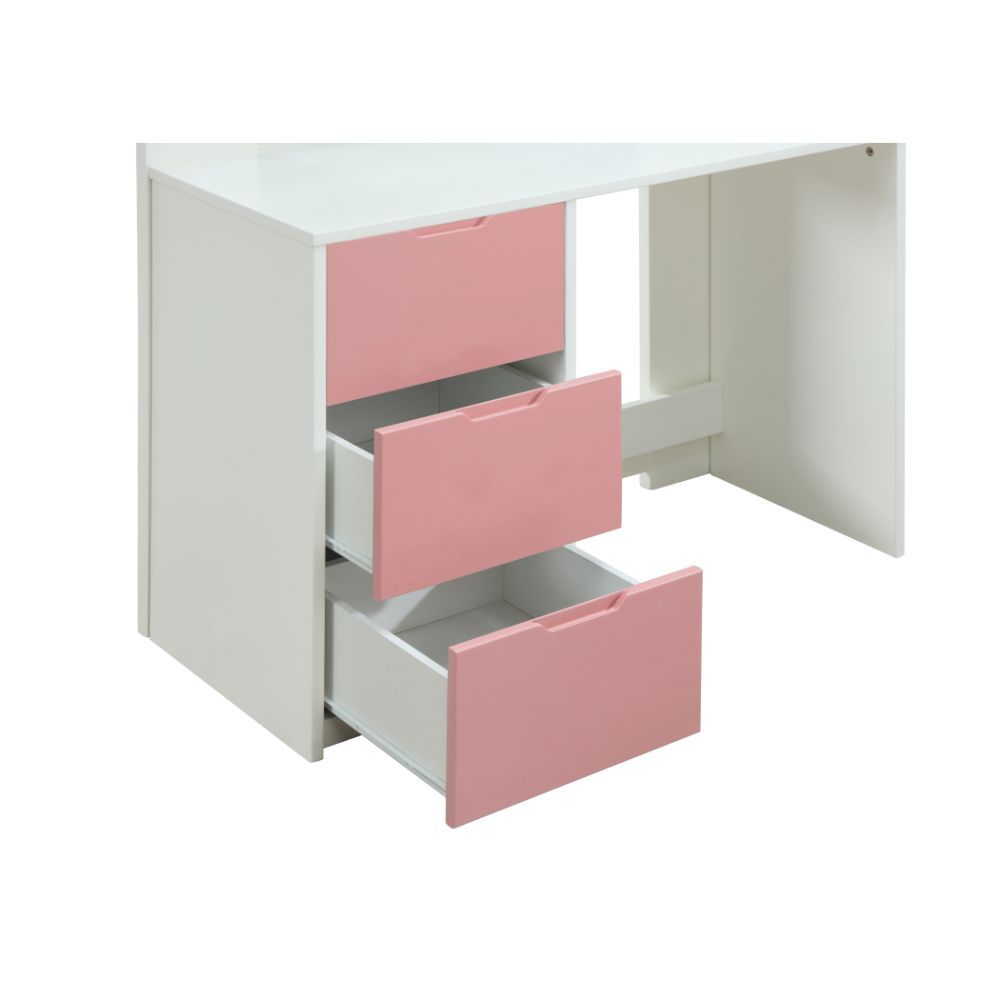 Acme 38040 Mack & Milo abinash nerice white / pink finish wood loft bunk bed set desk drawers armoire
