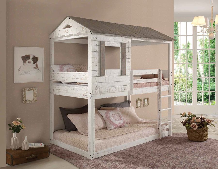 Acme 38135 Darlene cottage weathered rustic white finish wood twin over twin bunk bed harper orchard sarkis