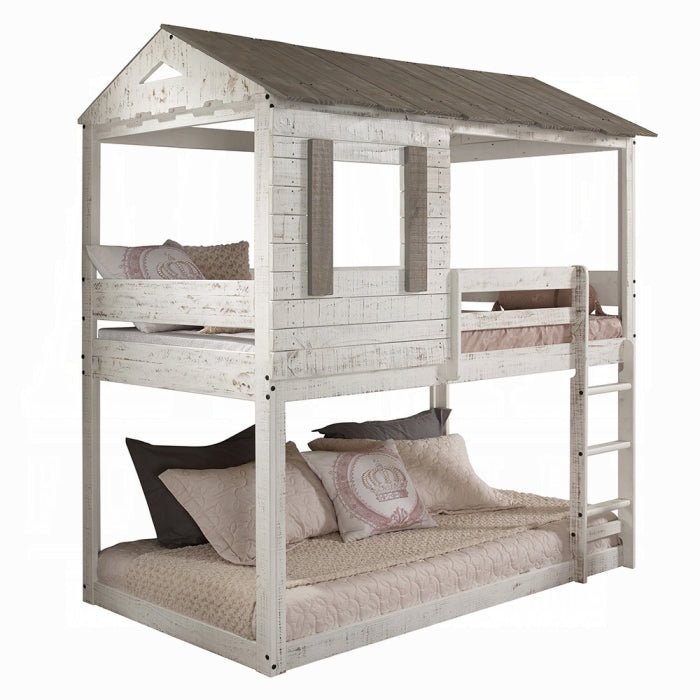 Acme 38135 Darlene cottage weathered rustic white finish wood twin over twin bunk bed harper orchard sarkis