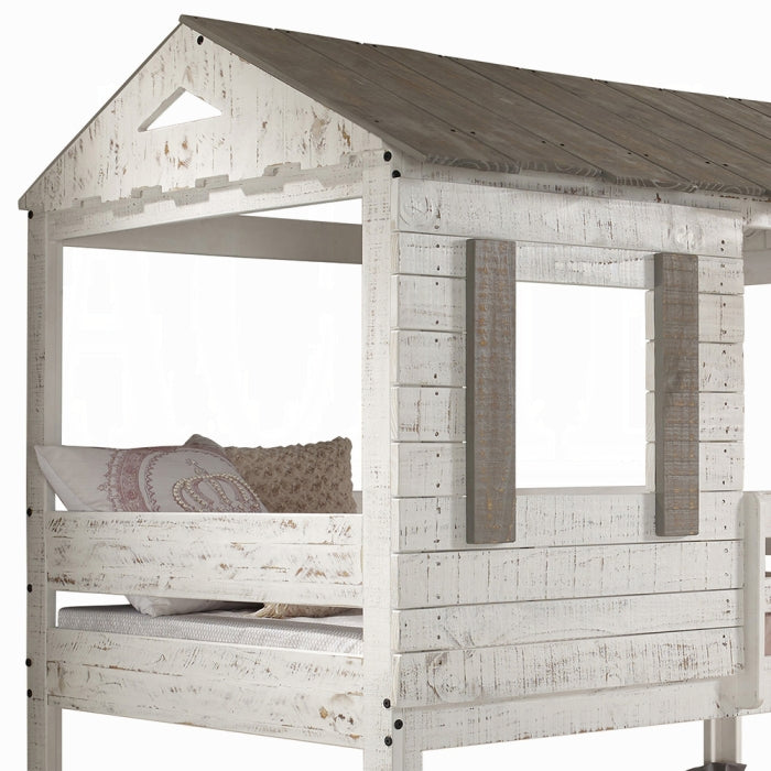 Acme 38135 Darlene cottage weathered rustic white finish wood twin over twin bunk bed harper orchard sarkis