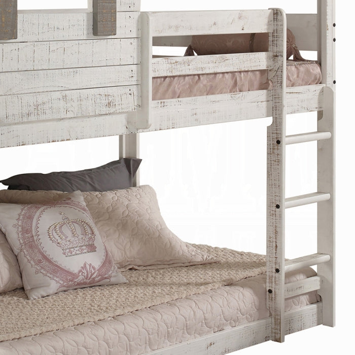 Acme 38135 Darlene cottage weathered rustic white finish wood twin over twin bunk bed harper orchard sarkis
