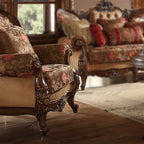 HD-39-3PC Dark oak wood finish and floral multi tone fabric upholstery ornate accents Sofa , love and chair living room set lark manor