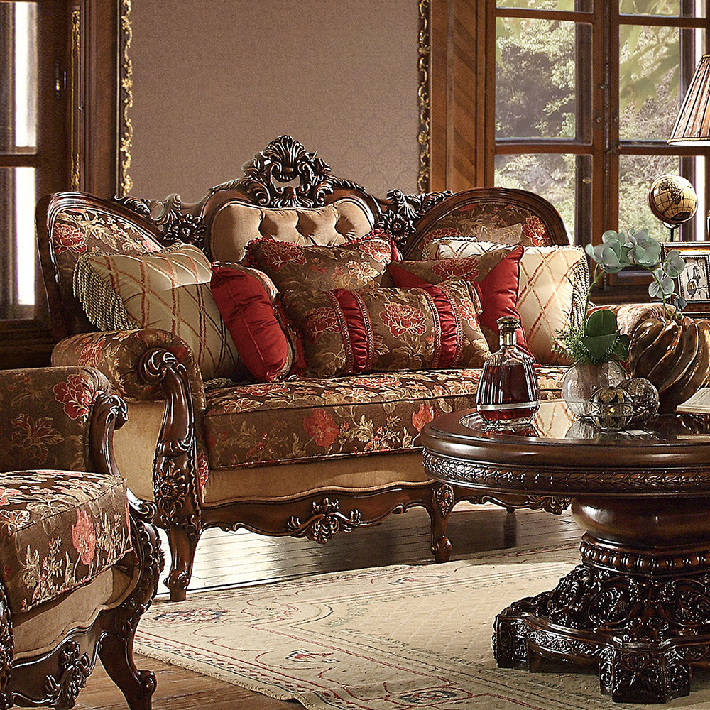 HD-39-3PC Dark oak wood finish and floral multi tone fabric upholstery ornate accents Sofa , love and chair living room set lark manor
