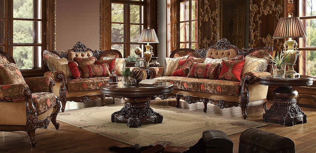 HD-39-3PC Dark oak wood finish and floral multi tone fabric upholstery ornate accents Sofa , love and chair living room set lark manor