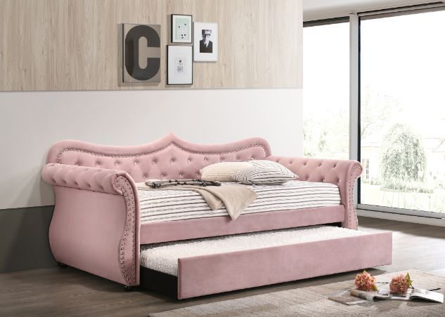 Acme 39420 Alcott hill armijo adkins pink velvet fabric day bed with pull out trundle