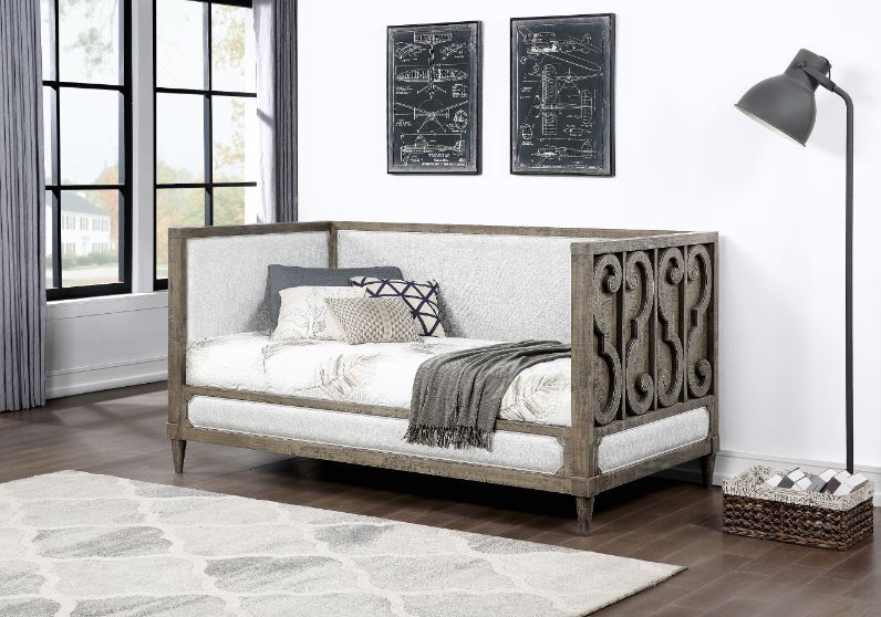 Acme 39710 Winston porter artesia salvaged natural finish wood tan upholstery twin day bed