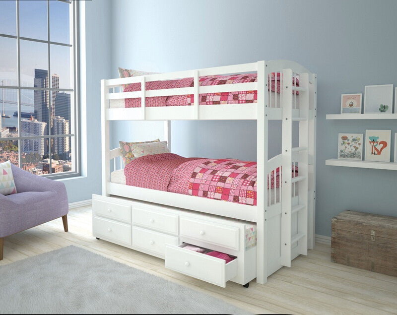 Acme 39995 Harriet bee guilford micah white finish wood twin over twin bunk bed set trundle pull out with drawers