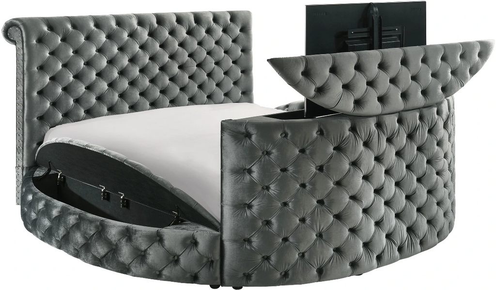 Crown Mark 5212GY Voltare grey velvet fabric tufted round queen storage bed with TV lift and built in LED Fireplace
