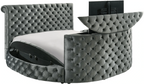 Crown Mark 5212GY Voltare grey velvet fabric tufted round queen storage bed with TV lift and built in LED Fireplace