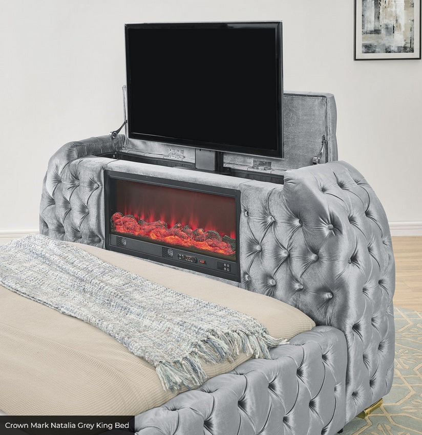 Crown Mark 5115GY Natalia grey velvet fabric tufted queen bed with TV lift and built in LED Fireplace