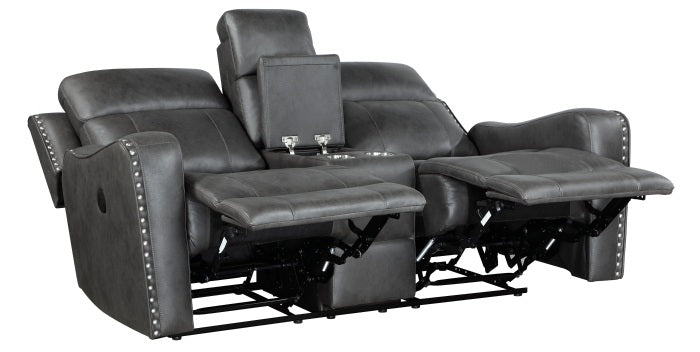 Homelegance 9515DGY-2PW  2 pc Hazen dark grey faux leather sofa and love seat set with power motion recliner ends cup console nail head trim