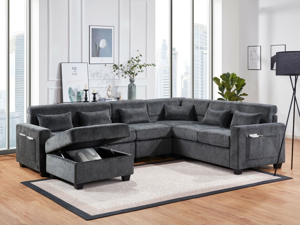 89306 3 pc Trey grey chenille fabric 115" sectional sofa set with adjustable headrests USB charging and storage ottoman