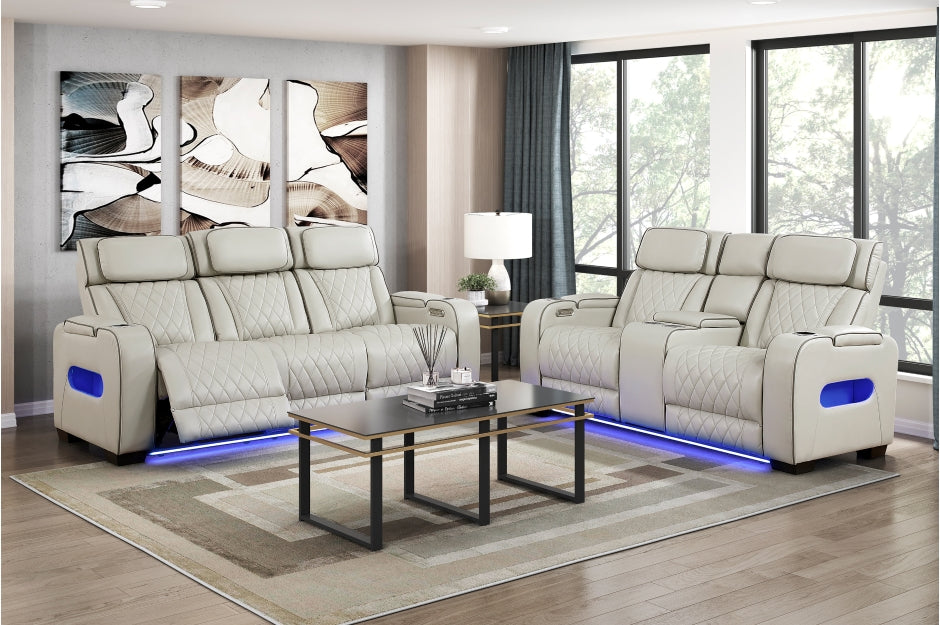 Homelegance 9516TPE-2PWH 2 pc Fairway taupe breathable faux leather power motion sofa and love seat set USB LED