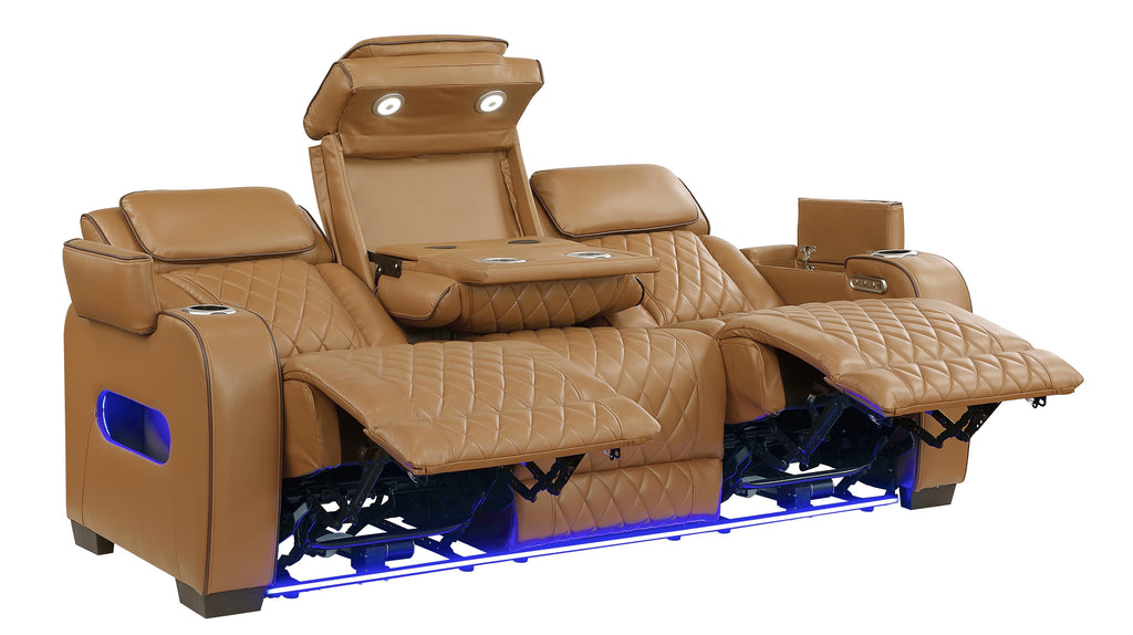 Homelegance 9516BRW-2PWH 2 pc Fairway tan breathable faux leather power motion sofa and love seat set USB LED