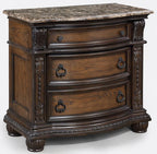 B1610 4 pc Stanley rich brown finish wood fabric tufted upholstered headboard sleigh style bedroom set with marble tops