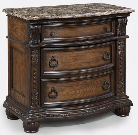 B1610 4 pc Stanley rich brown finish wood fabric tufted upholstered headboard sleigh style bedroom set with marble tops