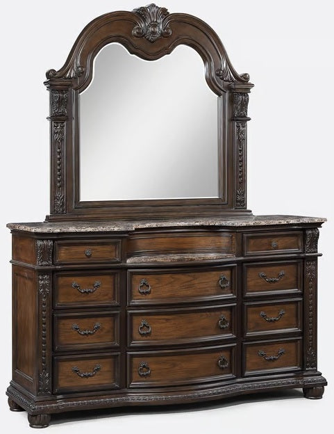 B1640 4 pc Ludwig rich brown finish wood padded upholstered nail head trim headboard bedroom set with marble tops