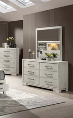 Poundex F9674Q-4PC 4 pc Antique white finish wood LED lighting storage headboard and drawers queen bed set