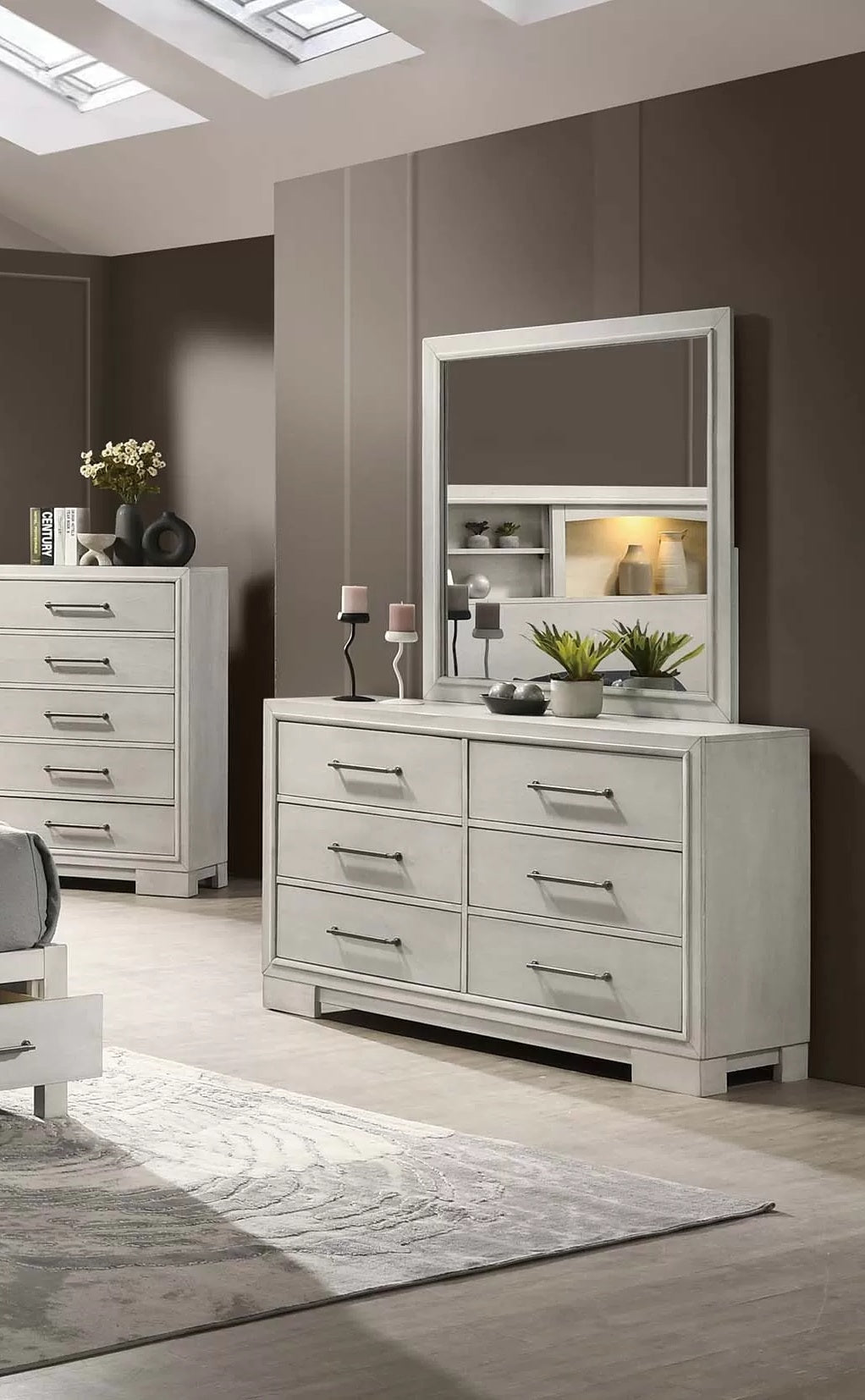 Poundex F9674Q-4PC 4 pc Antique white finish wood LED lighting storage headboard and drawers queen bed set