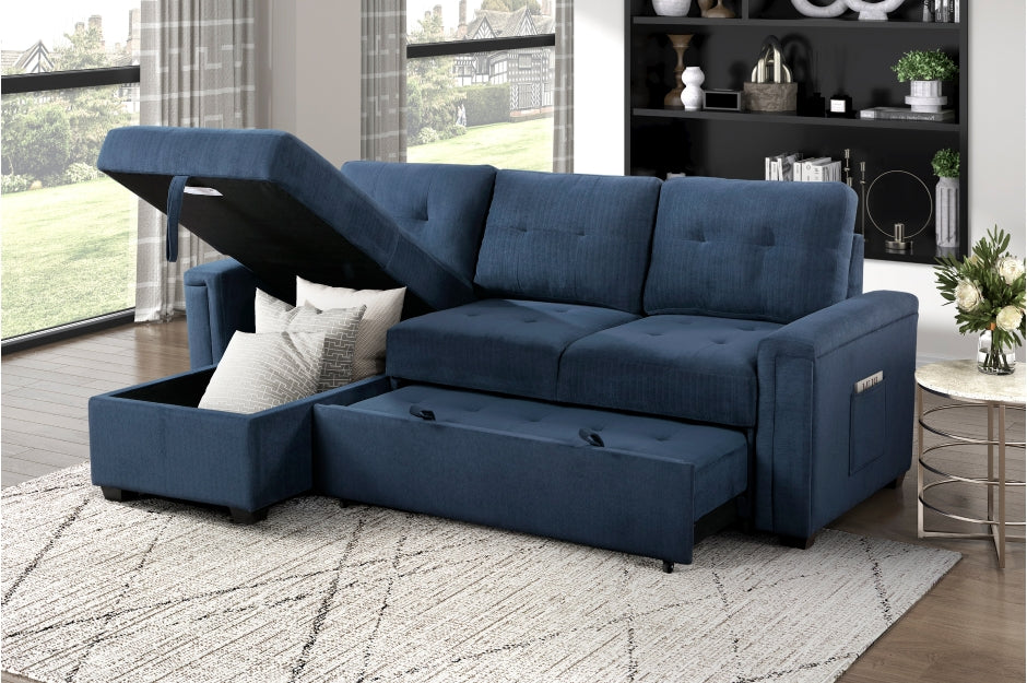Homelegance 9259-SC 2 pc Barbara blue textured fabric sectional sofa reversible pop up sleep area storage chaise