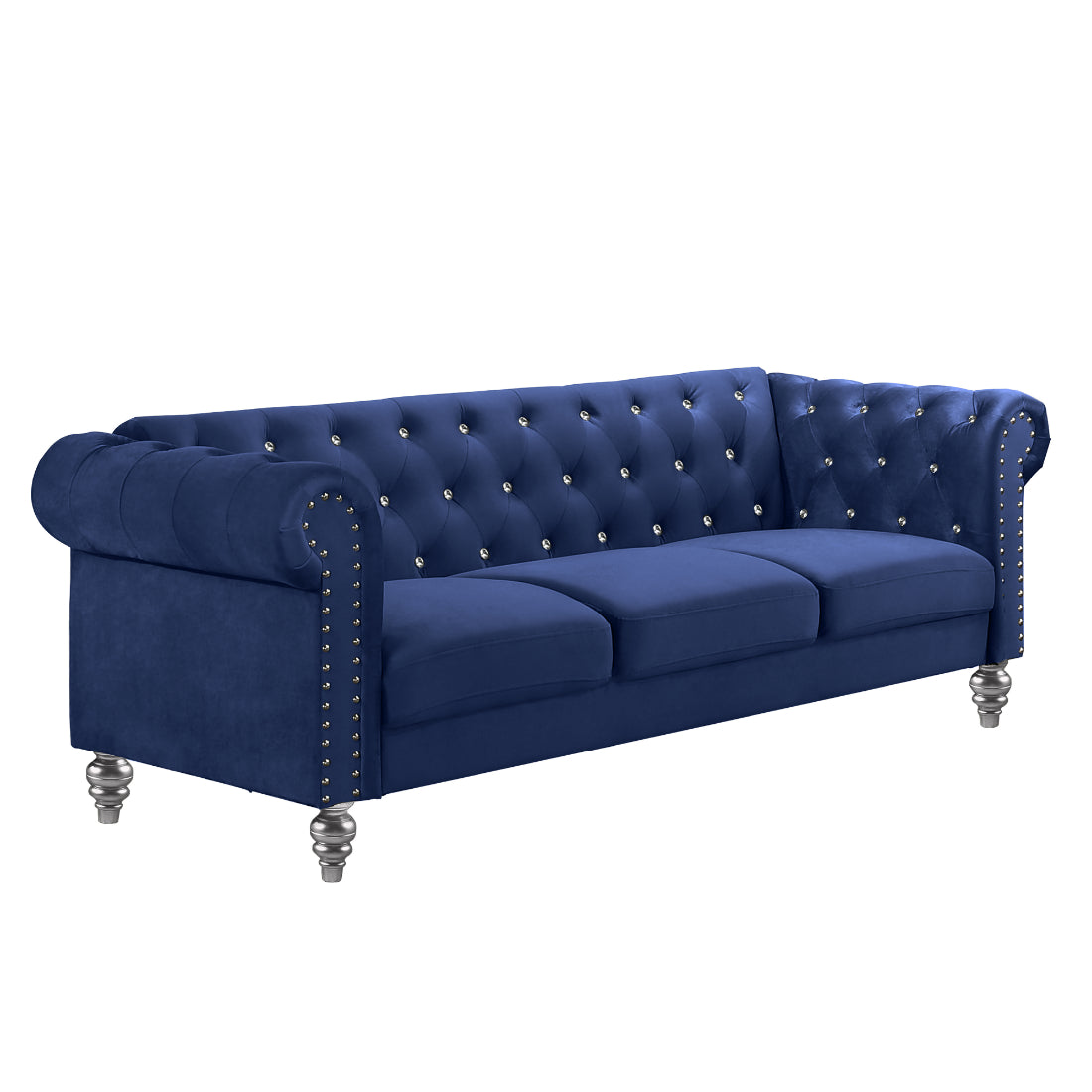 Emma Blue Velvet Crystal Button Tufted Sofa and Love Seat Set with Acrylic Legs & Nailhead Trim – 24-13CB-2PC