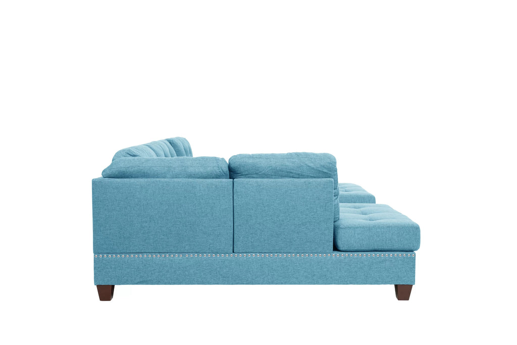 Poundex F6505 3 pc blue poly fiber fabric sectional sofa reversible chaise and ottoman nail head trim